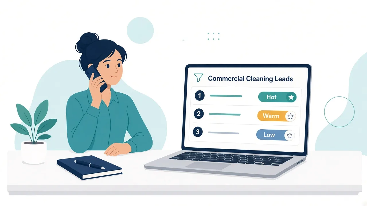 Commercial cleaning owner reviewing a ranked Hot Warm Low call list on a laptop while on a phone call
