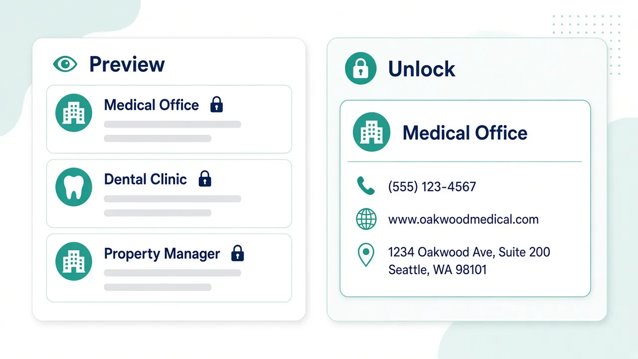Side by side Preview list with locked Medical Office Dental Clinic and Property Manager rows next to an Unlock card showing phone website and address